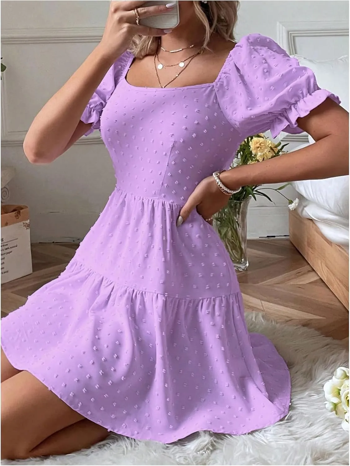 Women's Puff Sleeve Square Neck Ruffle Hem Mini Dress Tie Back High Waist A Line Dresses