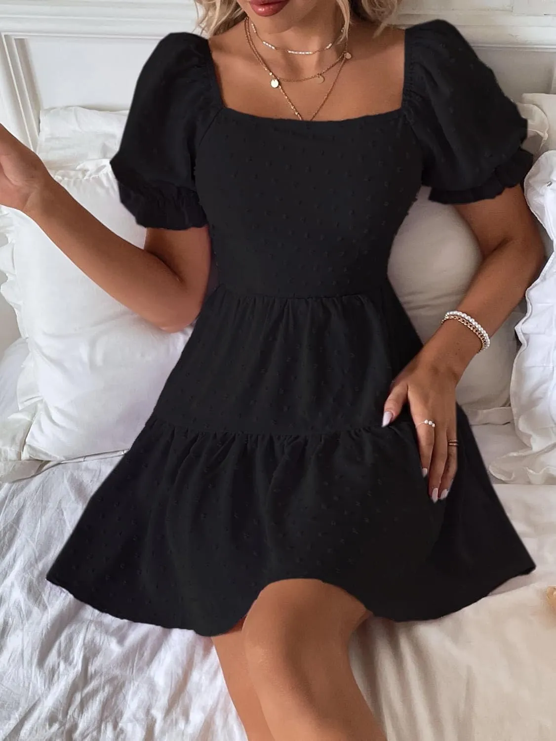Women's Puff Sleeve Square Neck Ruffle Hem Mini Dress Tie Back High Waist A Line Dresses