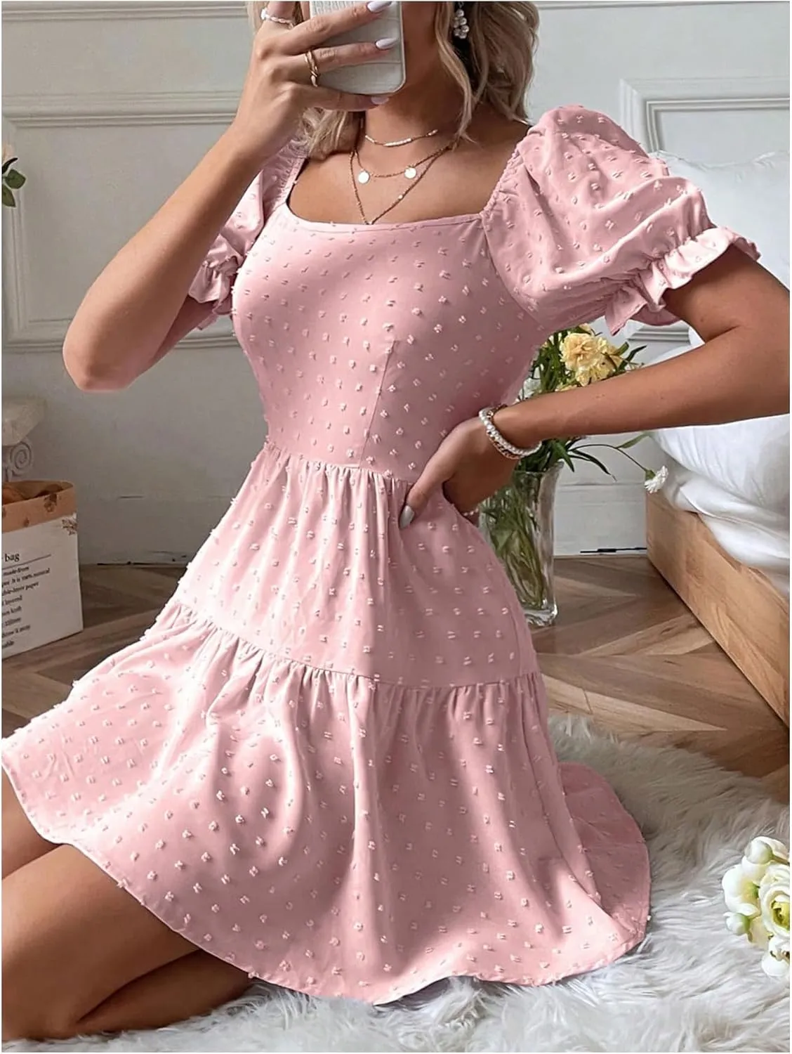 Women's Puff Sleeve Square Neck Ruffle Hem Mini Dress Tie Back High Waist A Line Dresses