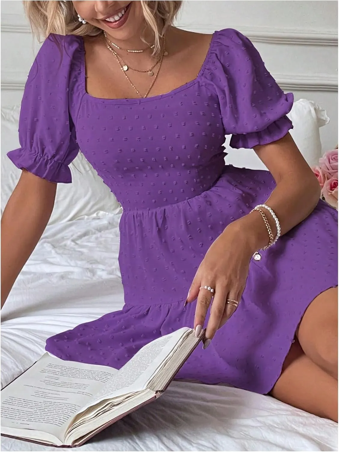 Women's Puff Sleeve Square Neck Ruffle Hem Mini Dress Tie Back High Waist A Line Dresses