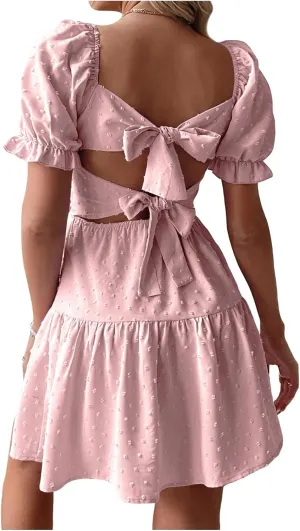 Women's Puff Sleeve Square Neck Ruffle Hem Mini Dress Tie Back High Waist A Line Dresses