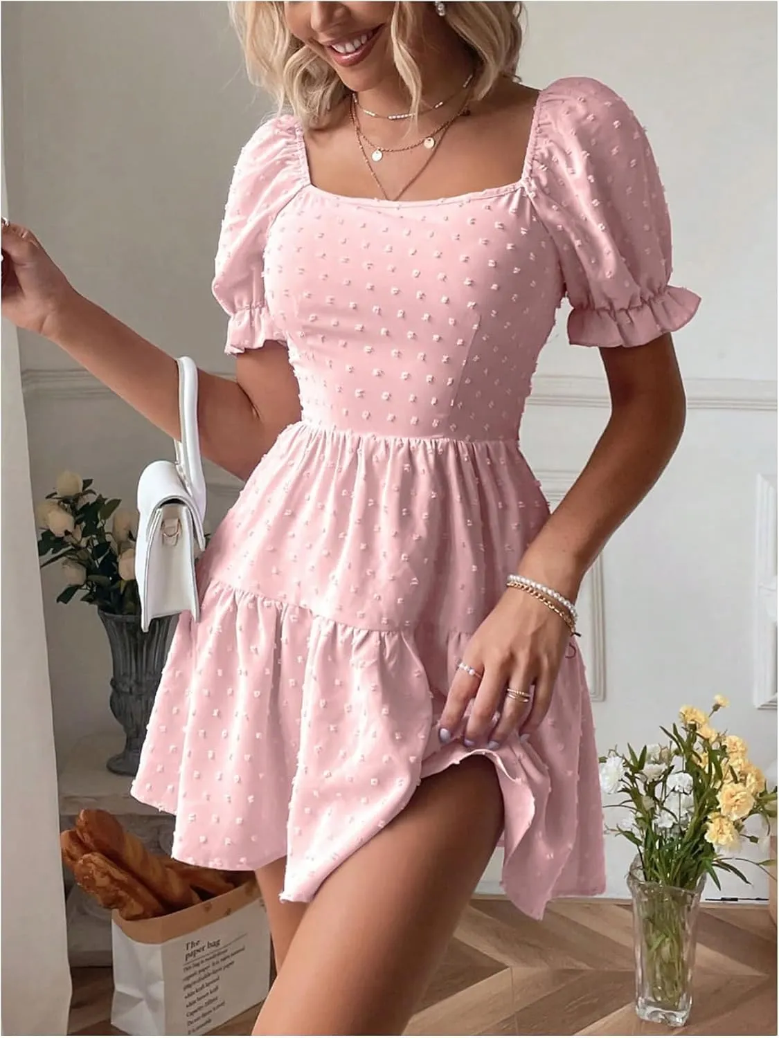 Women's Puff Sleeve Square Neck Ruffle Hem Mini Dress Tie Back High Waist A Line Dresses