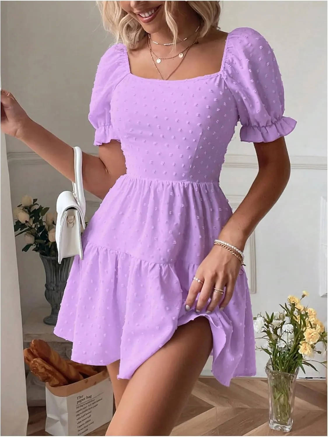Women's Puff Sleeve Square Neck Ruffle Hem Mini Dress Tie Back High Waist A Line Dresses