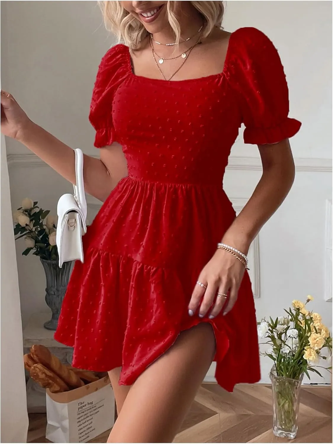 Women's Puff Sleeve Square Neck Ruffle Hem Mini Dress Tie Back High Waist A Line Dresses