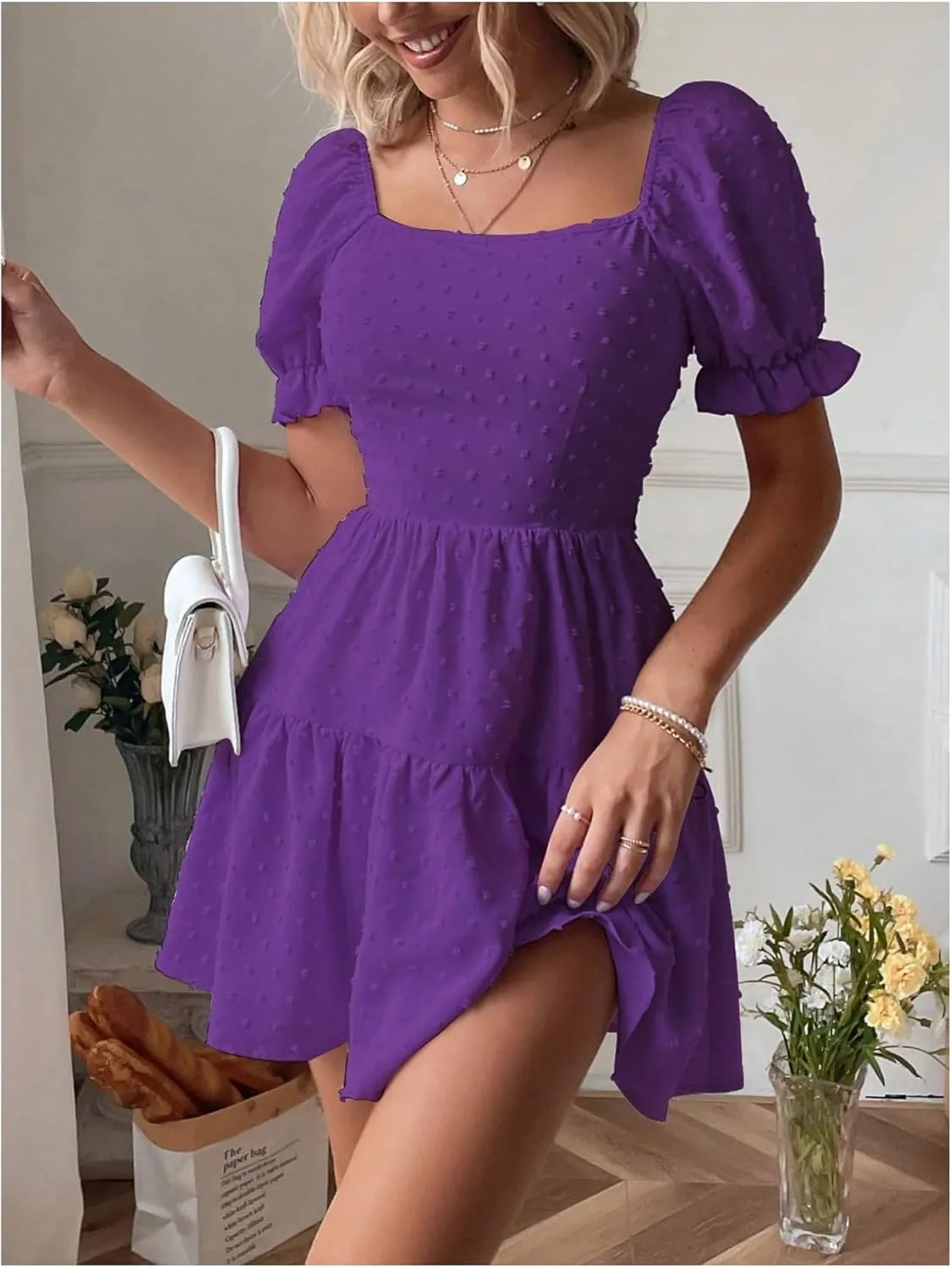 Women's Puff Sleeve Square Neck Ruffle Hem Mini Dress Tie Back High Waist A Line Dresses