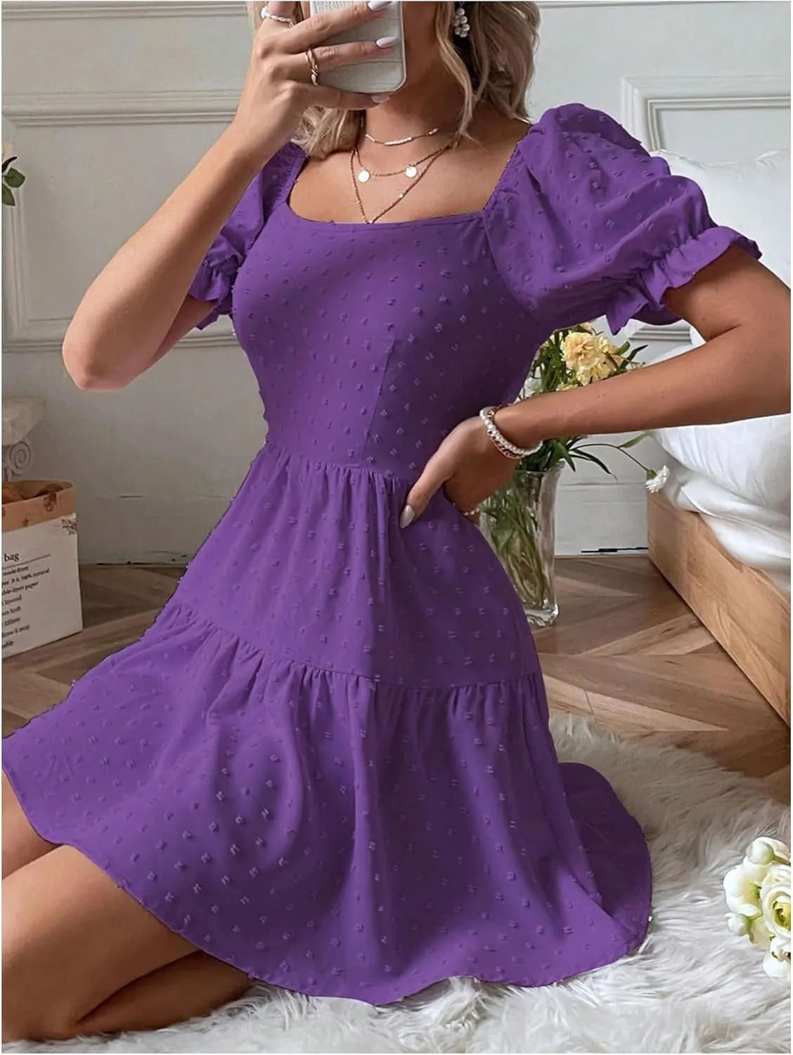 Women's Puff Sleeve Square Neck Ruffle Hem Mini Dress Tie Back High Waist A Line Dresses