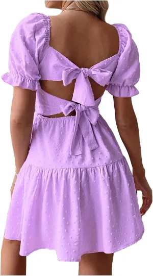 Women's Puff Sleeve Square Neck Ruffle Hem Mini Dress Tie Back High Waist A Line Dresses