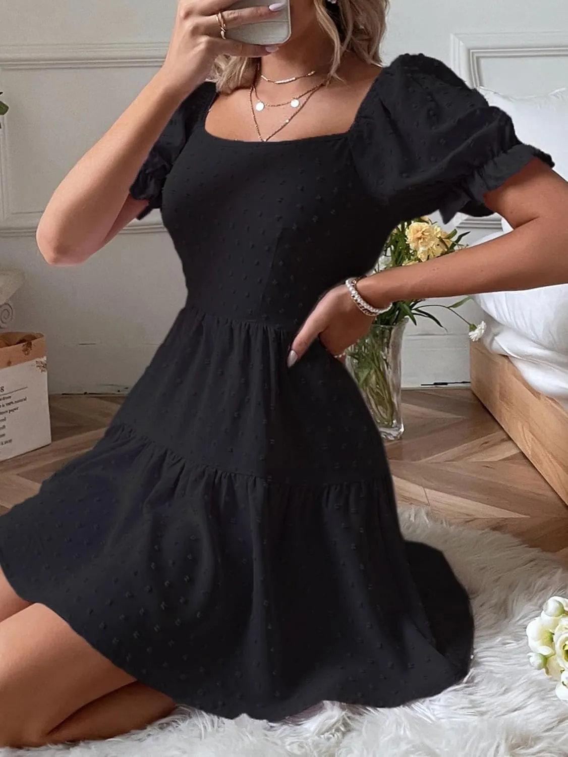 Women's Puff Sleeve Square Neck Ruffle Hem Mini Dress Tie Back High Waist A Line Dresses