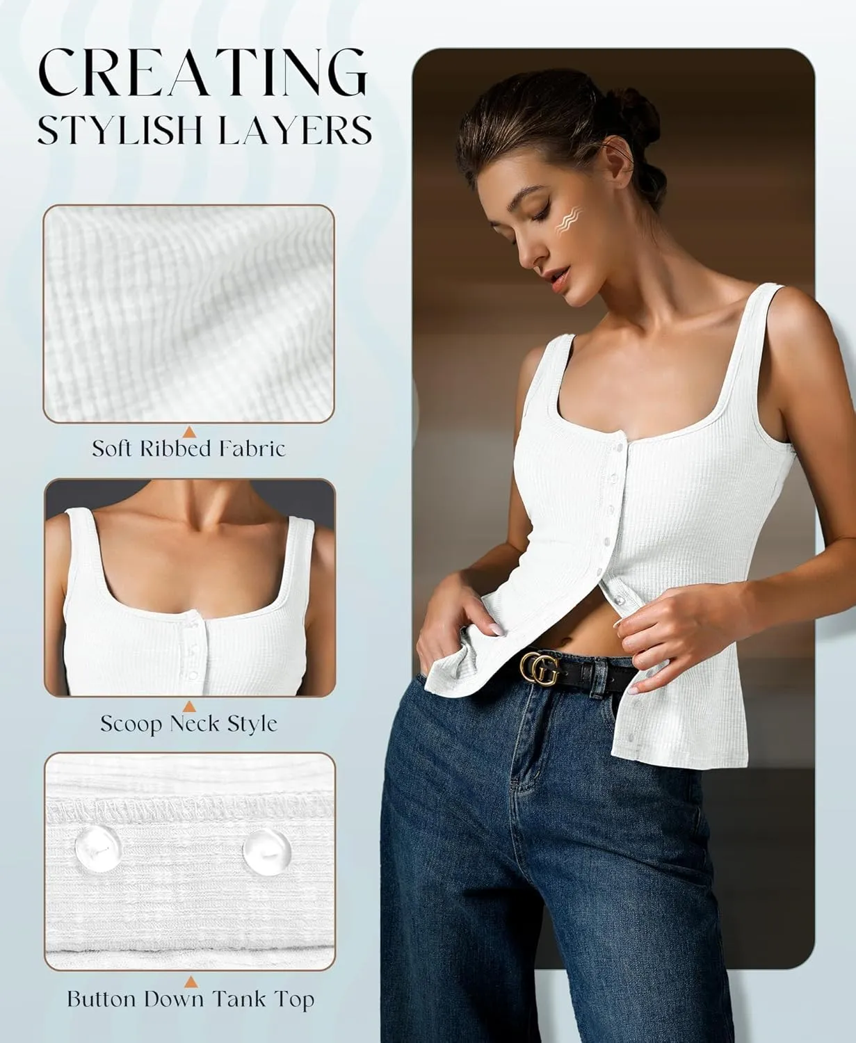 Womens Ribbed Tank Tops - Sleeveless Blouses Button Down Henley Shirts Summer Vest Cami Top