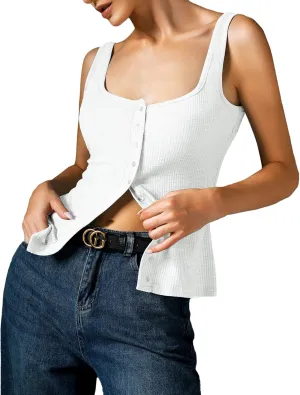 Womens Ribbed Tank Tops - Sleeveless Blouses Button Down Henley Shirts Summer Vest Cami Top