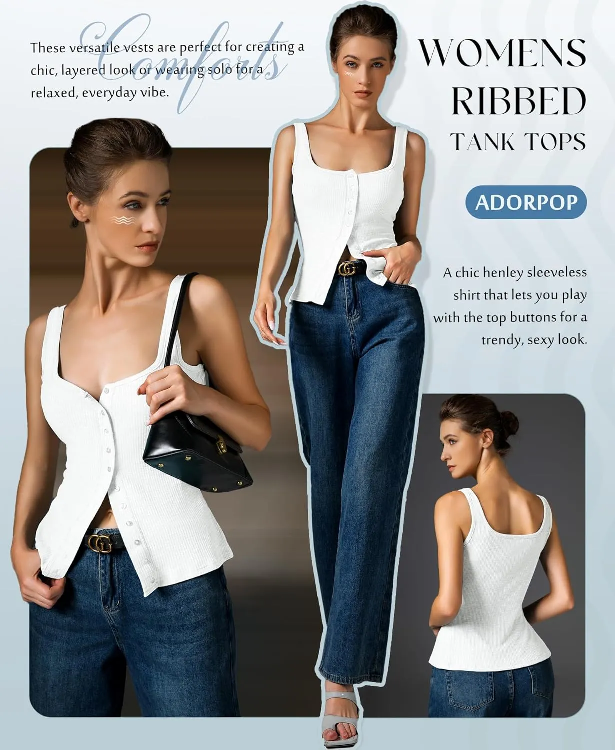 Womens Ribbed Tank Tops - Sleeveless Blouses Button Down Henley Shirts Summer Vest Cami Top