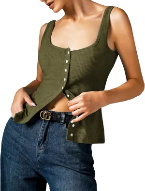 Womens Ribbed Tank Tops - Sleeveless Blouses Button Down Henley Shirts Summer Vest Cami Top