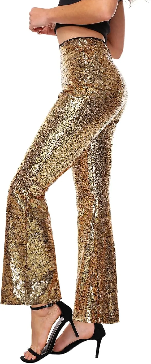 Womens Sequin Pants Glitter Bell Bottoms Casual High Waist Wide Leg Flare Trousers Party Disco Clubwear