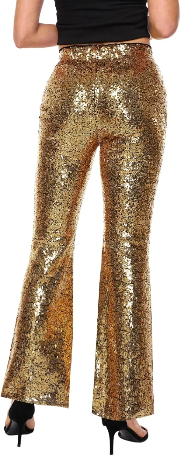 Womens Sequin Pants Glitter Bell Bottoms Casual High Waist Wide Leg Flare Trousers Party Disco Clubwear