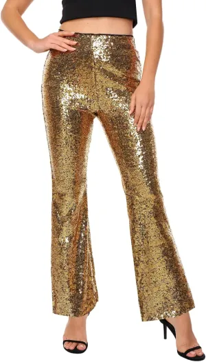 Womens Sequin Pants Glitter Bell Bottoms Casual High Waist Wide Leg Flare Trousers Party Disco Clubwear