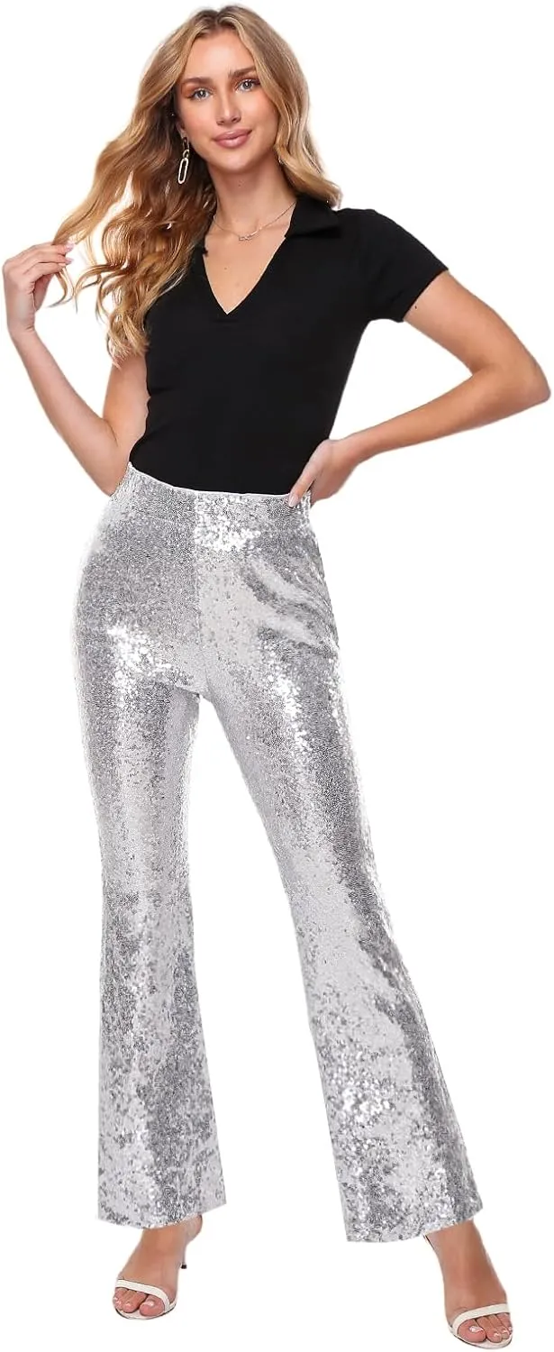 Womens Sequin Pants Glitter Bell Bottoms Casual High Waist Wide Leg Flare Trousers Party Disco Clubwear