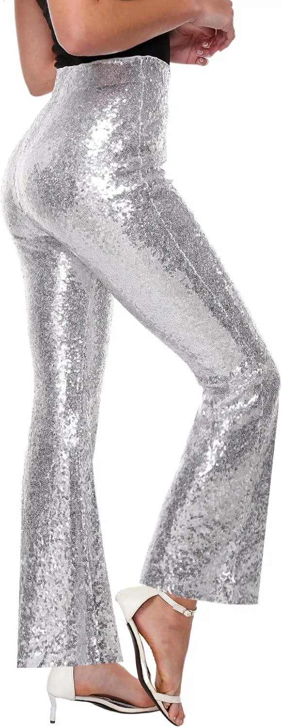 Womens Sequin Pants Glitter Bell Bottoms Casual High Waist Wide Leg Flare Trousers Party Disco Clubwear