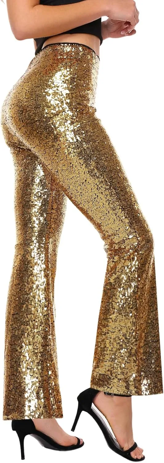 Womens Sequin Pants Glitter Bell Bottoms Casual High Waist Wide Leg Flare Trousers Party Disco Clubwear