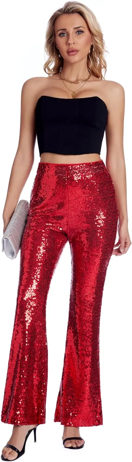 Womens Sequin Pants Glitter Bell Bottoms Casual High Waist Wide Leg Flare Trousers Party Disco Clubwear