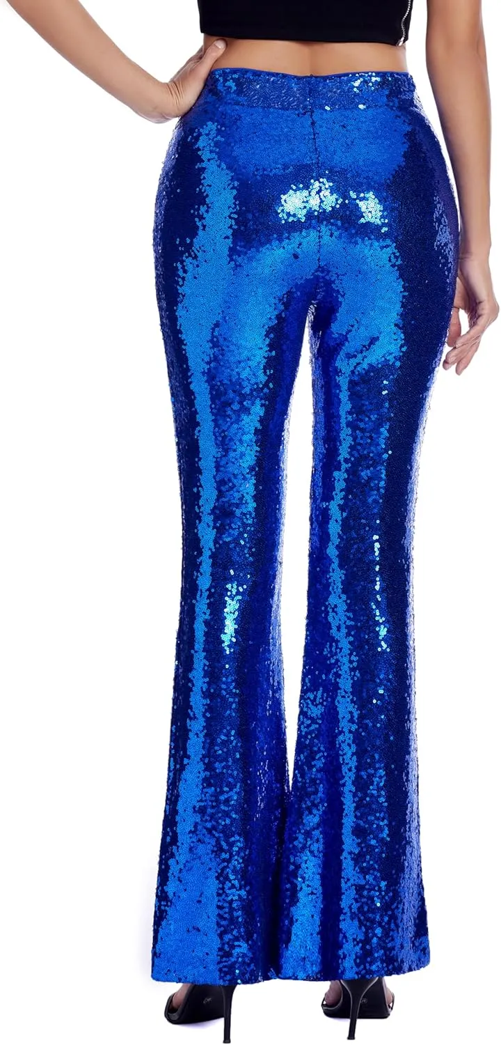 Womens Sequin Pants Glitter Bell Bottoms Casual High Waist Wide Leg Flare Trousers Party Disco Clubwear