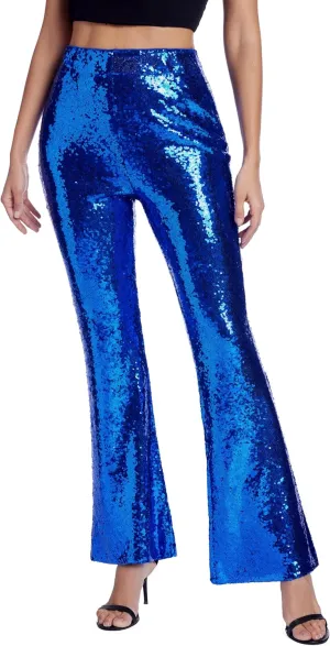 Womens Sequin Pants Glitter Bell Bottoms Casual High Waist Wide Leg Flare Trousers Party Disco Clubwear