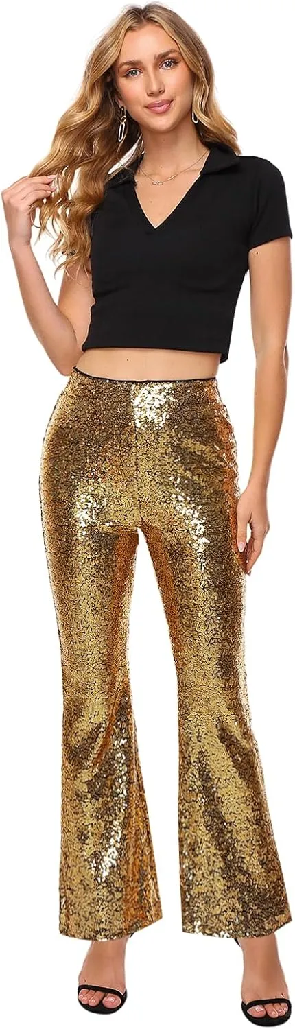 Womens Sequin Pants Glitter Bell Bottoms Casual High Waist Wide Leg Flare Trousers Party Disco Clubwear