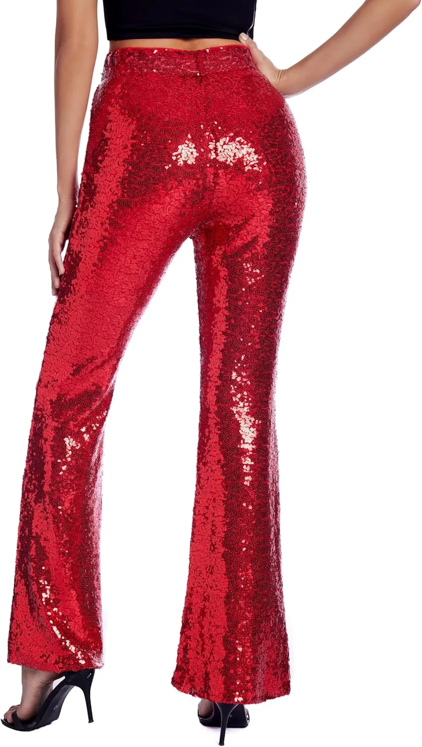 Womens Sequin Pants Glitter Bell Bottoms Casual High Waist Wide Leg Flare Trousers Party Disco Clubwear
