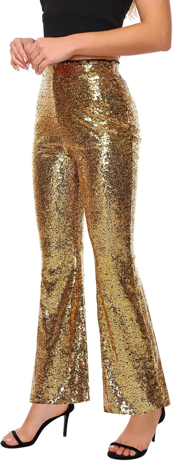 Womens Sequin Pants Glitter Bell Bottoms Casual High Waist Wide Leg Flare Trousers Party Disco Clubwear