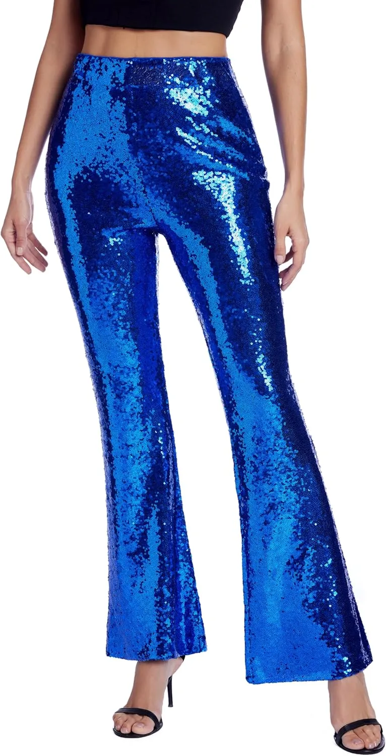 Womens Sequin Pants Glitter Bell Bottoms Casual High Waist Wide Leg Flare Trousers Party Disco Clubwear