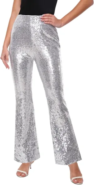Womens Sequin Pants Glitter Bell Bottoms Casual High Waist Wide Leg Flare Trousers Party Disco Clubwear