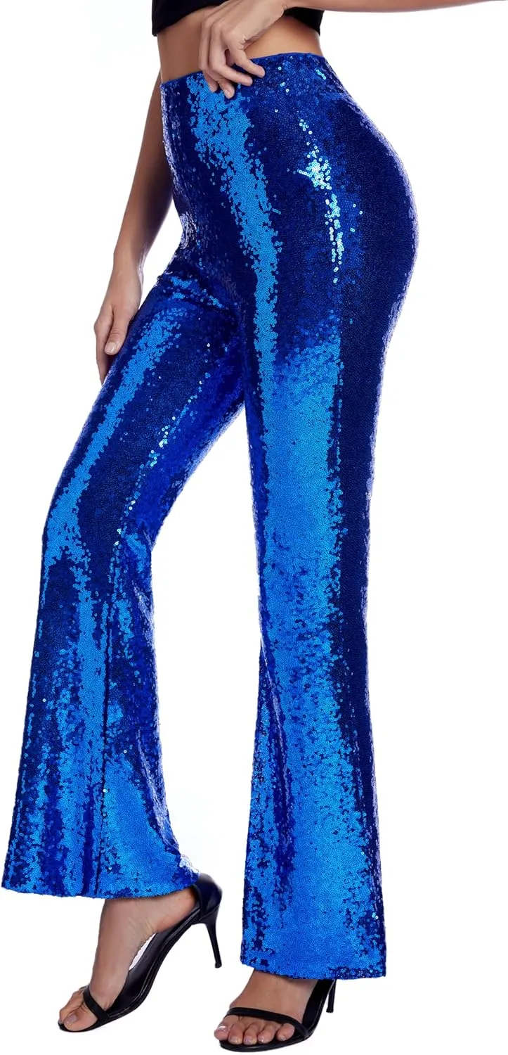 Womens Sequin Pants Glitter Bell Bottoms Casual High Waist Wide Leg Flare Trousers Party Disco Clubwear