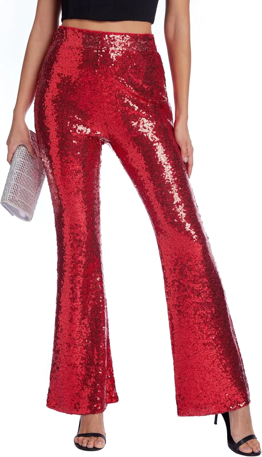 Womens Sequin Pants Glitter Bell Bottoms Casual High Waist Wide Leg Flare Trousers Party Disco Clubwear