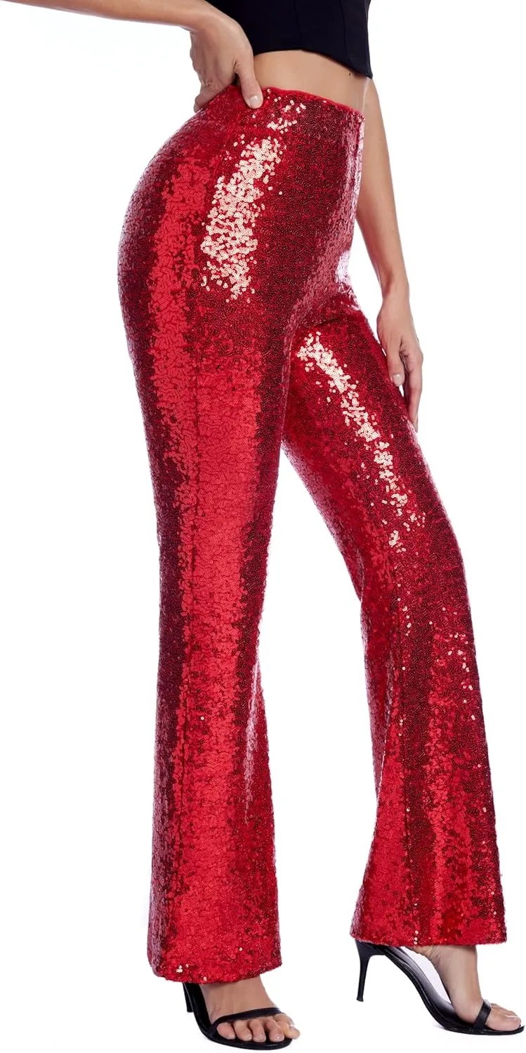 Womens Sequin Pants Glitter Bell Bottoms Casual High Waist Wide Leg Flare Trousers Party Disco Clubwear