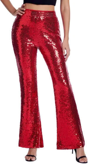 Womens Sequin Pants Glitter Bell Bottoms Casual High Waist Wide Leg Flare Trousers Party Disco Clubwear