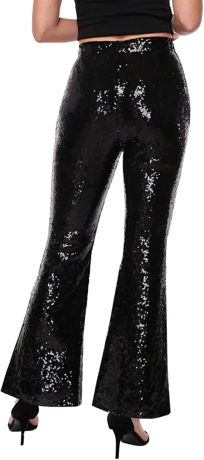 Womens Sequin Pants Glitter Bell Bottoms Casual High Waist Wide Leg Flare Trousers Party Disco Clubwear
