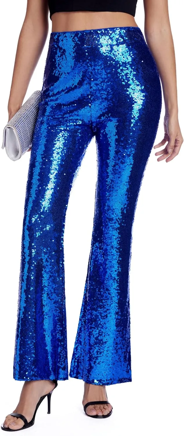 Womens Sequin Pants Glitter Bell Bottoms Casual High Waist Wide Leg Flare Trousers Party Disco Clubwear