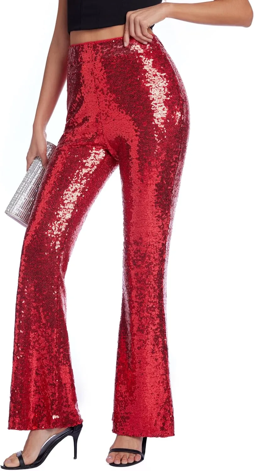 Womens Sequin Pants Glitter Bell Bottoms Casual High Waist Wide Leg Flare Trousers Party Disco Clubwear