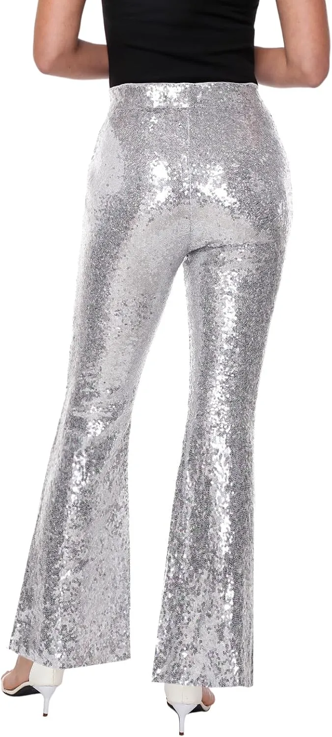 Womens Sequin Pants Glitter Bell Bottoms Casual High Waist Wide Leg Flare Trousers Party Disco Clubwear