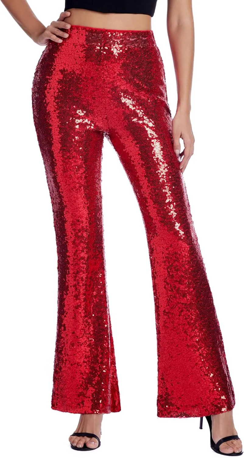 Womens Sequin Pants Glitter Bell Bottoms Casual High Waist Wide Leg Flare Trousers Party Disco Clubwear