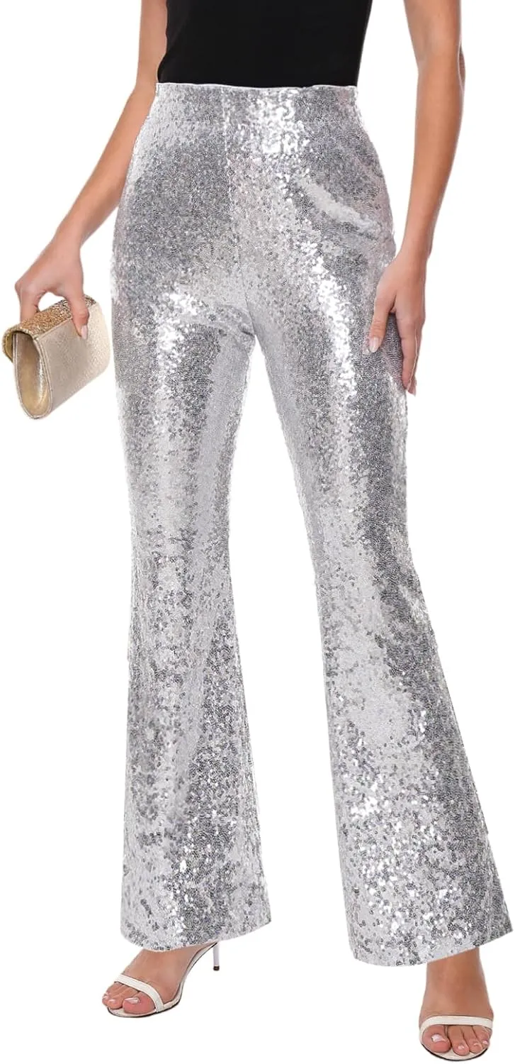 Womens Sequin Pants Glitter Bell Bottoms Casual High Waist Wide Leg Flare Trousers Party Disco Clubwear