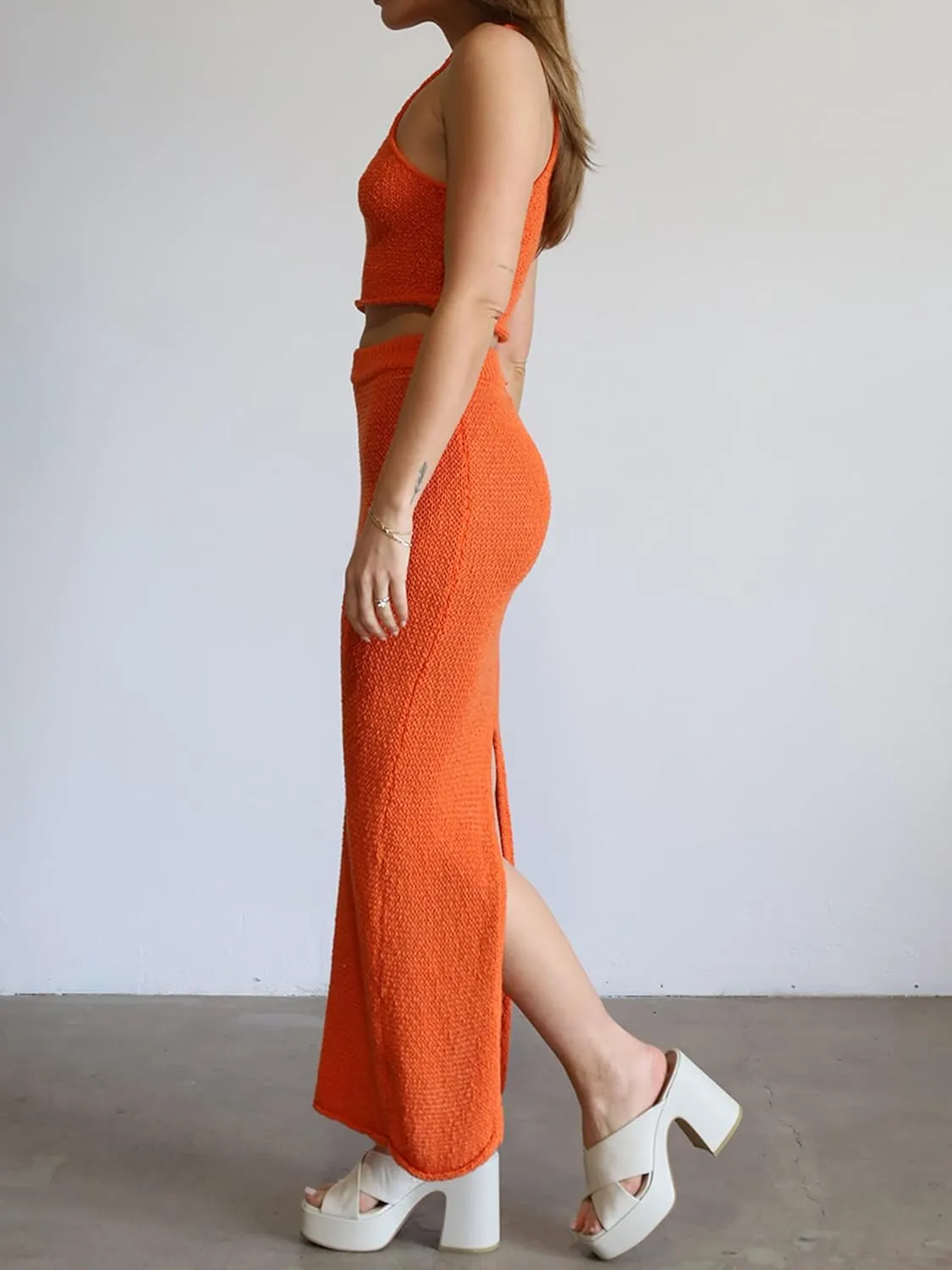 Women's Sexy Crochet Knit 2 Piece Skirt Sets Bodycon Maxi Dress Sleeveless Tank Shirt Tops High Waist Slit Long Dress