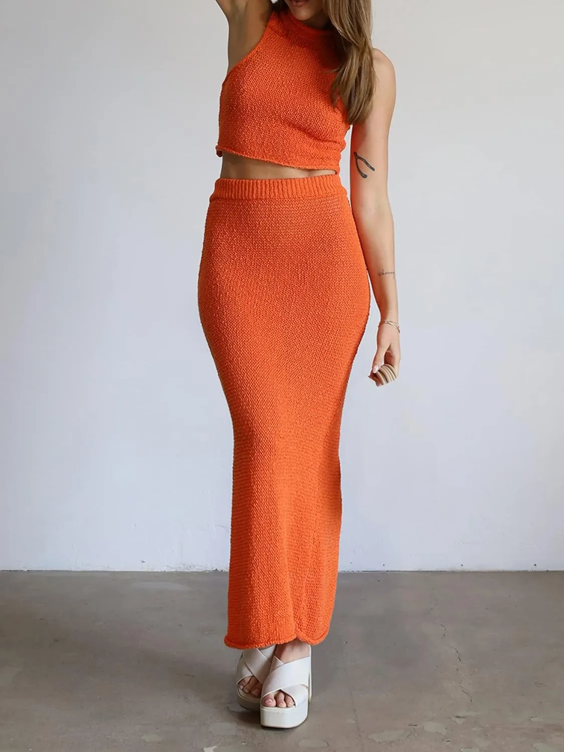 Women's Sexy Crochet Knit 2 Piece Skirt Sets Bodycon Maxi Dress Sleeveless Tank Shirt Tops High Waist Slit Long Dress