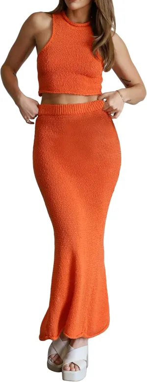 Women's Sexy Crochet Knit 2 Piece Skirt Sets Bodycon Maxi Dress Sleeveless Tank Shirt Tops High Waist Slit Long Dress