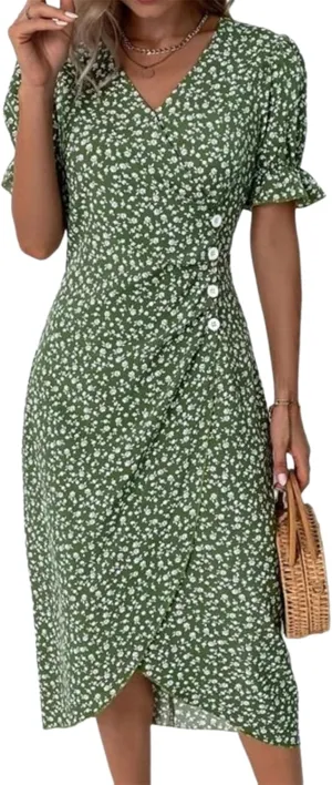 Women's Short Puff Sleeve Green Ditsy Floral Print Midi Dress with Buttons Wrap Style V-Neck Clothes 2025 Summer Fashion