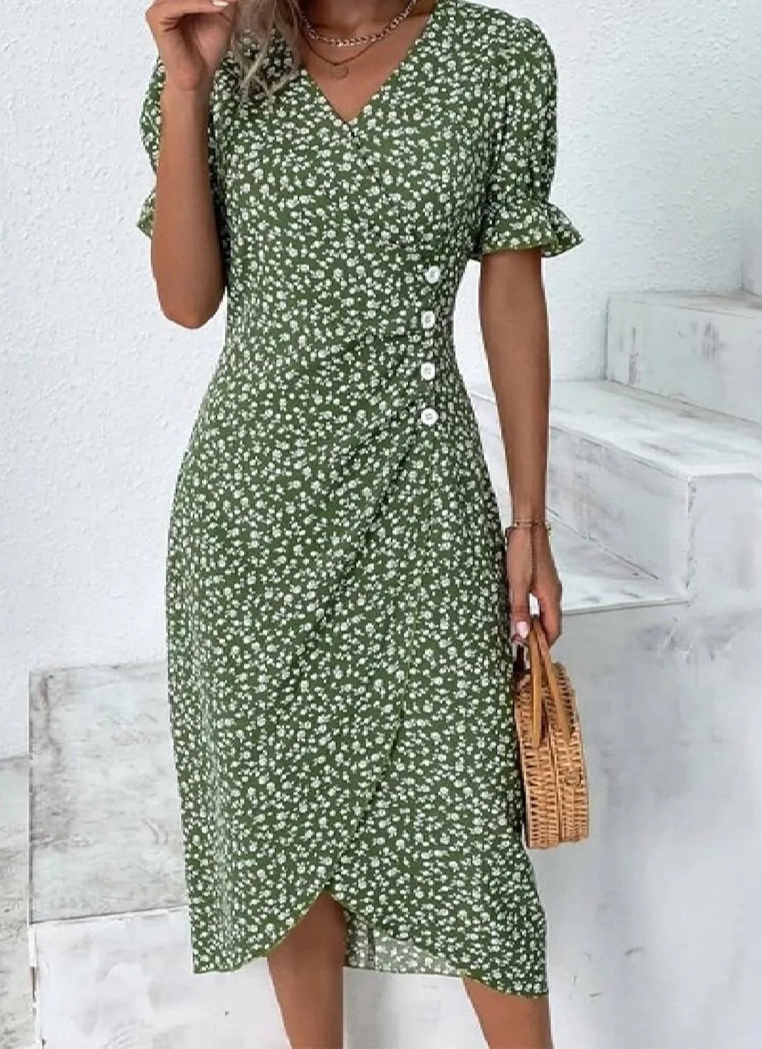 Women's Short Puff Sleeve Green Ditsy Floral Print Midi Dress with Buttons Wrap Style V-Neck Clothes 2025 Summer Fashion