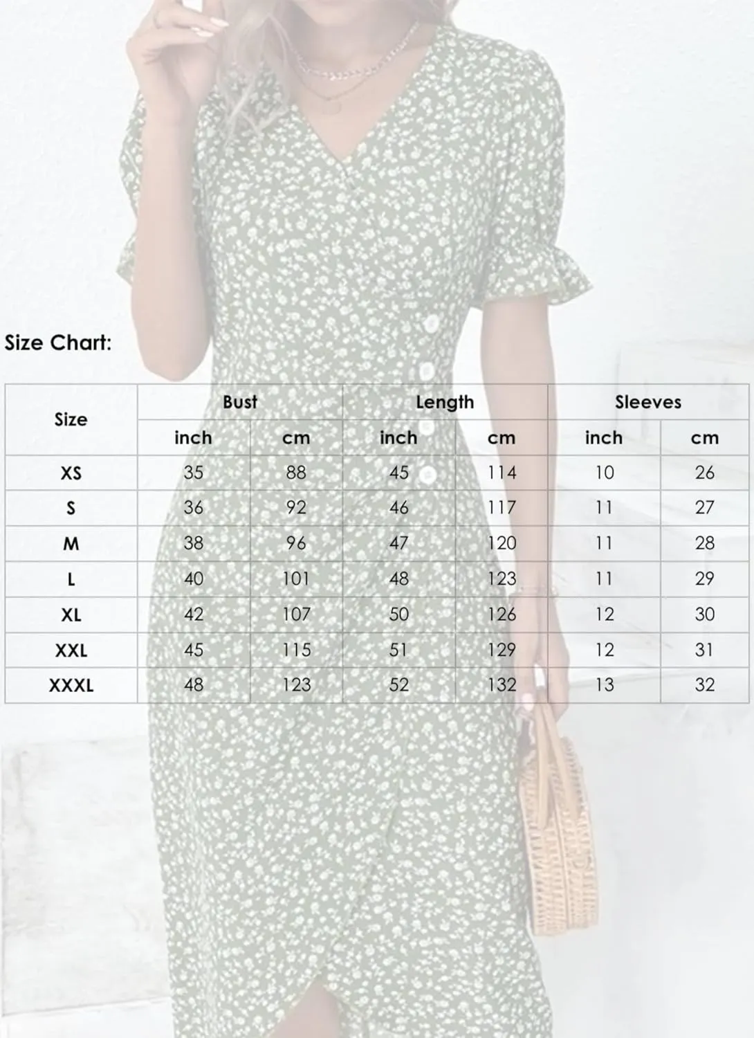 Women's Short Puff Sleeve Green Ditsy Floral Print Midi Dress with Buttons Wrap Style V-Neck Clothes 2025 Summer Fashion