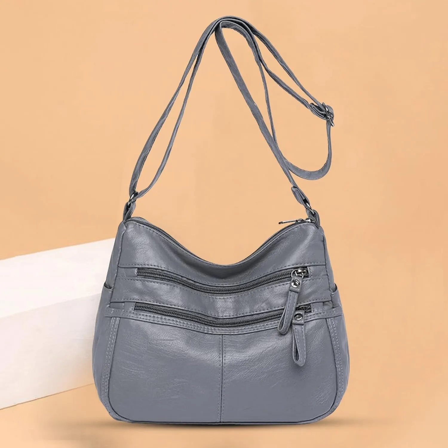 Womens Shoulder Handbag Fashion Casual Women's Retro Soft Leather Zipper Double Pocket Shoulder Messenger Bag