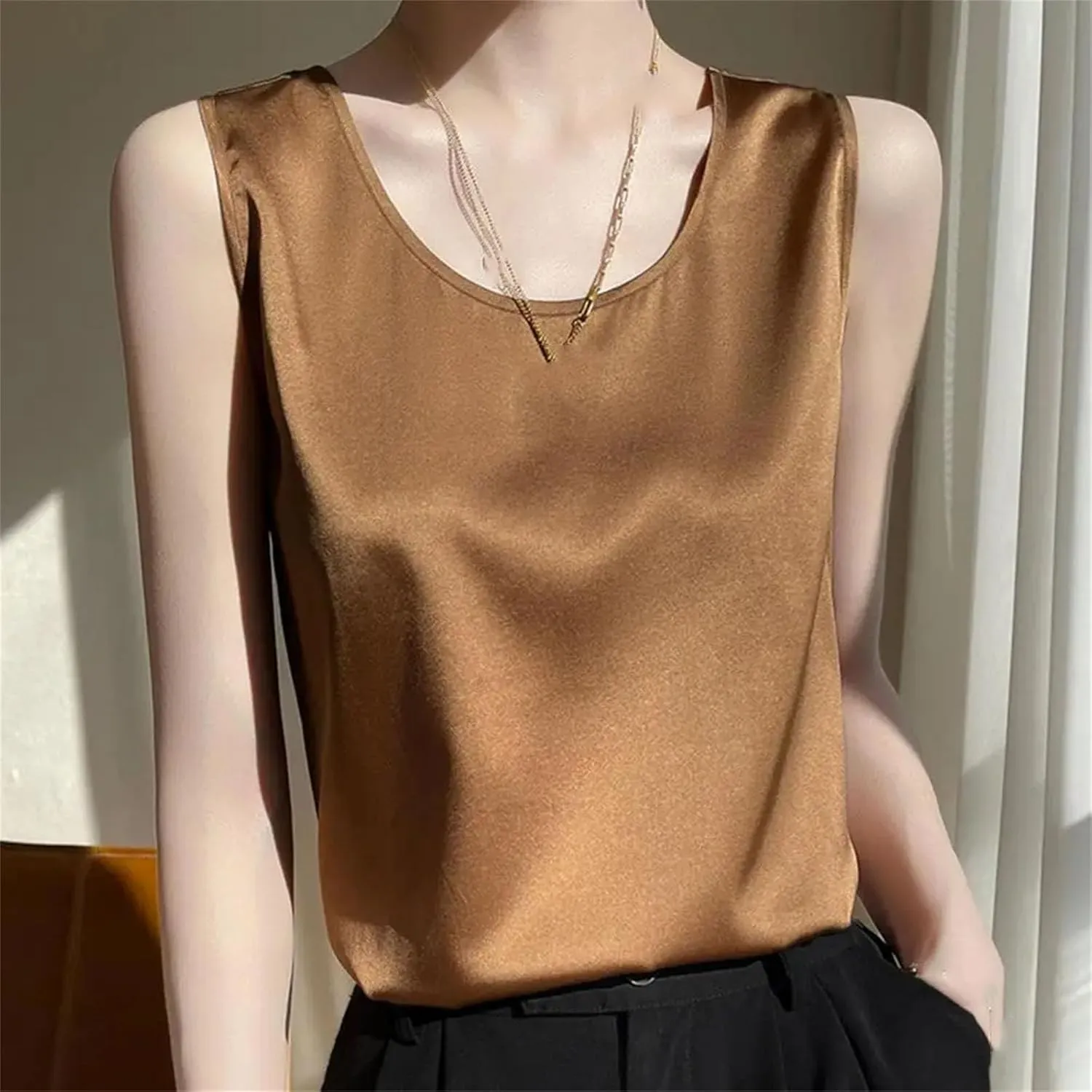 Womens Silk Satin Tank Tops Crew Neck Casual Cami Sleeveless Camisole Blouses Tank Shirt