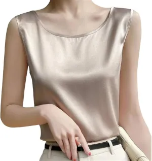 Womens Silk Satin Tank Tops Crew Neck Casual Cami Sleeveless Camisole Blouses Tank Shirt