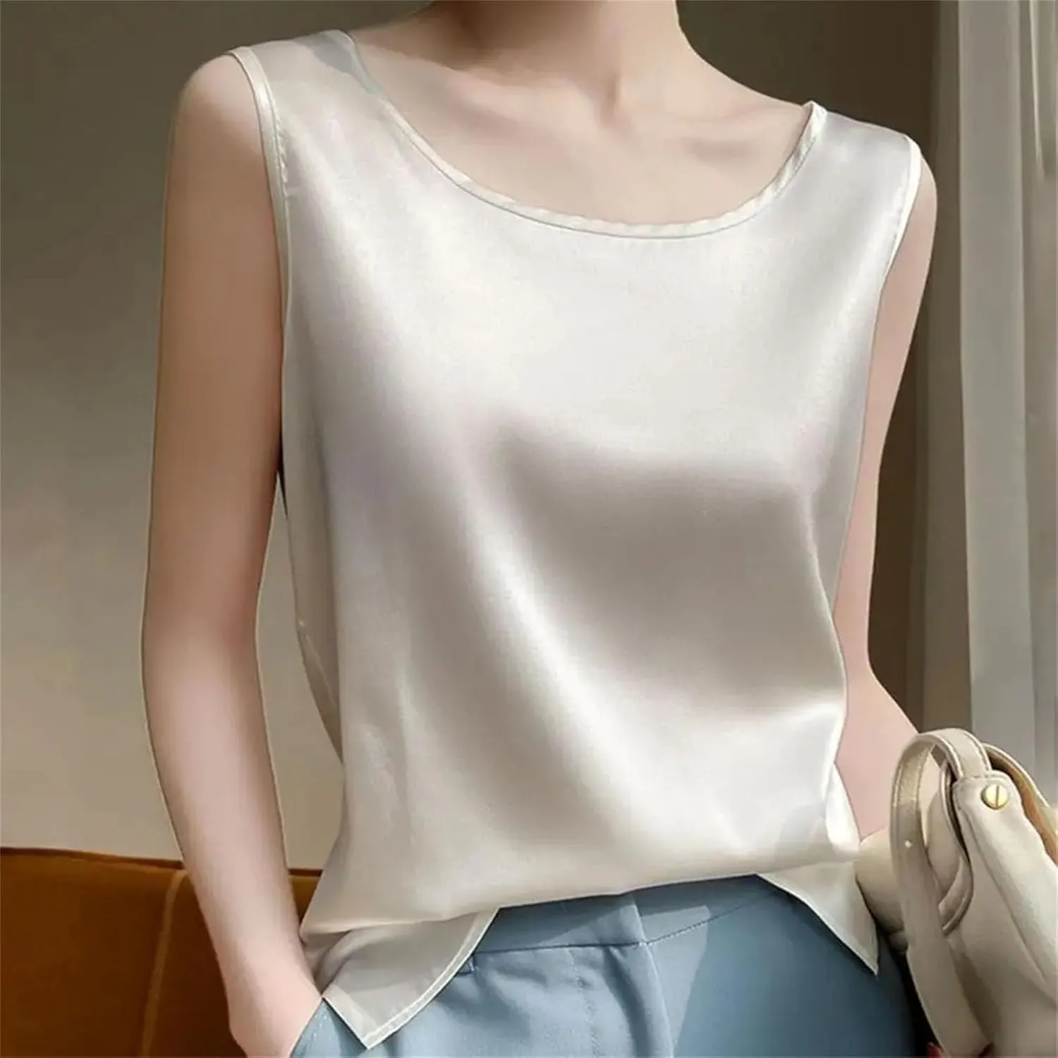 Womens Silk Satin Tank Tops Crew Neck Casual Cami Sleeveless Camisole Blouses Tank Shirt